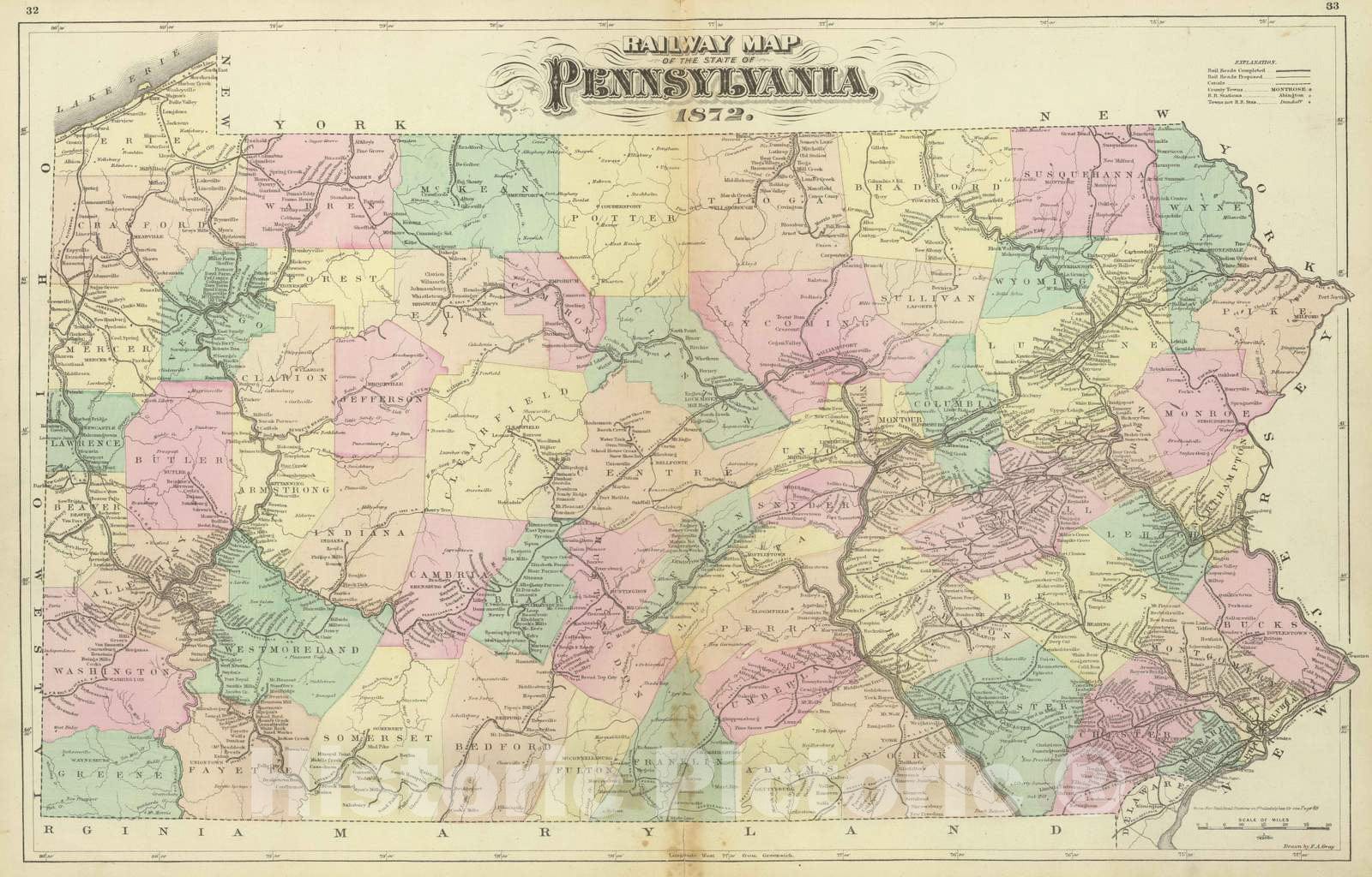 Historic Map : 1872 Penn. Railway map. - Vintage Wall Art