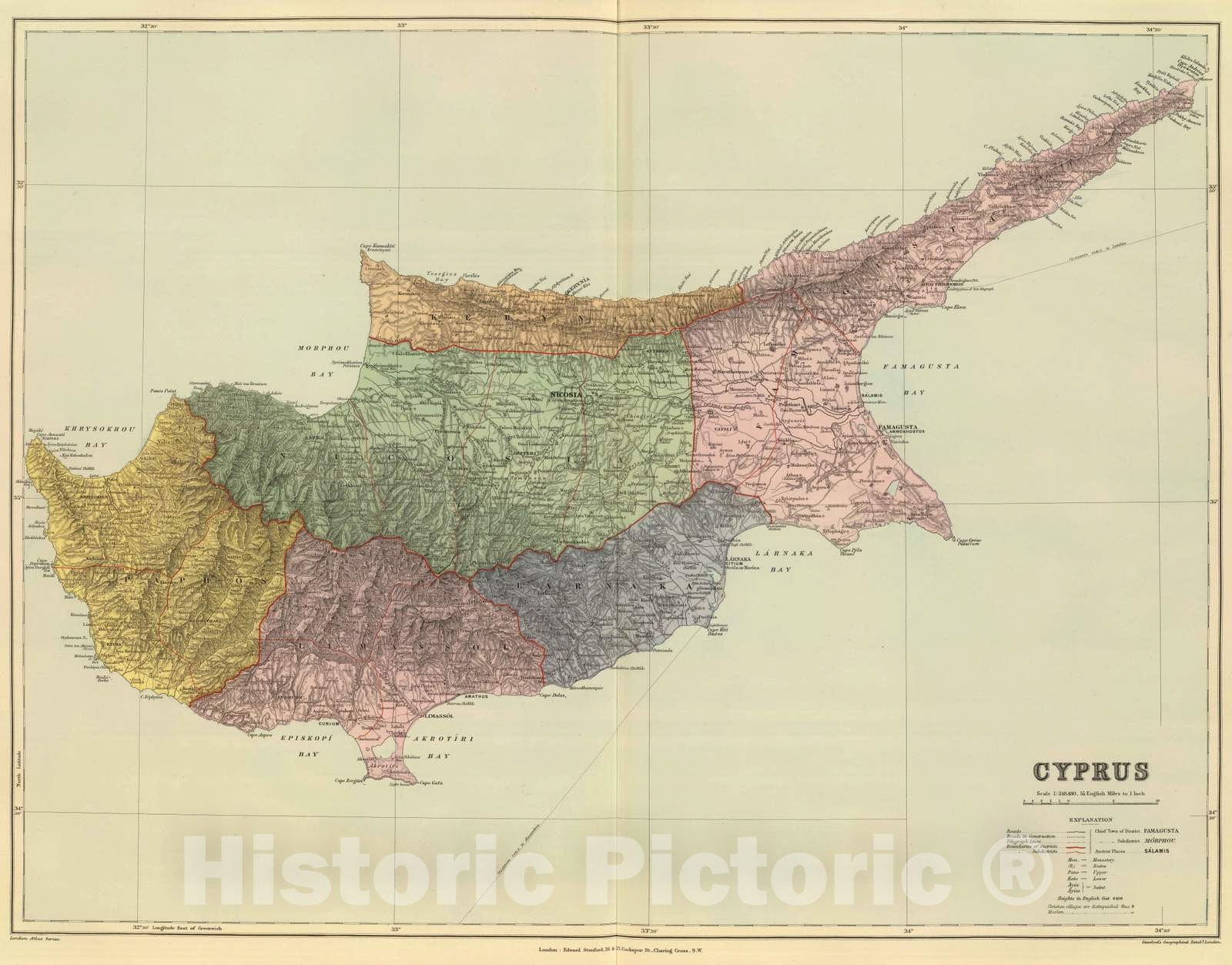 Cyprus - Road Map, 1901 - Stanford's London Atlas