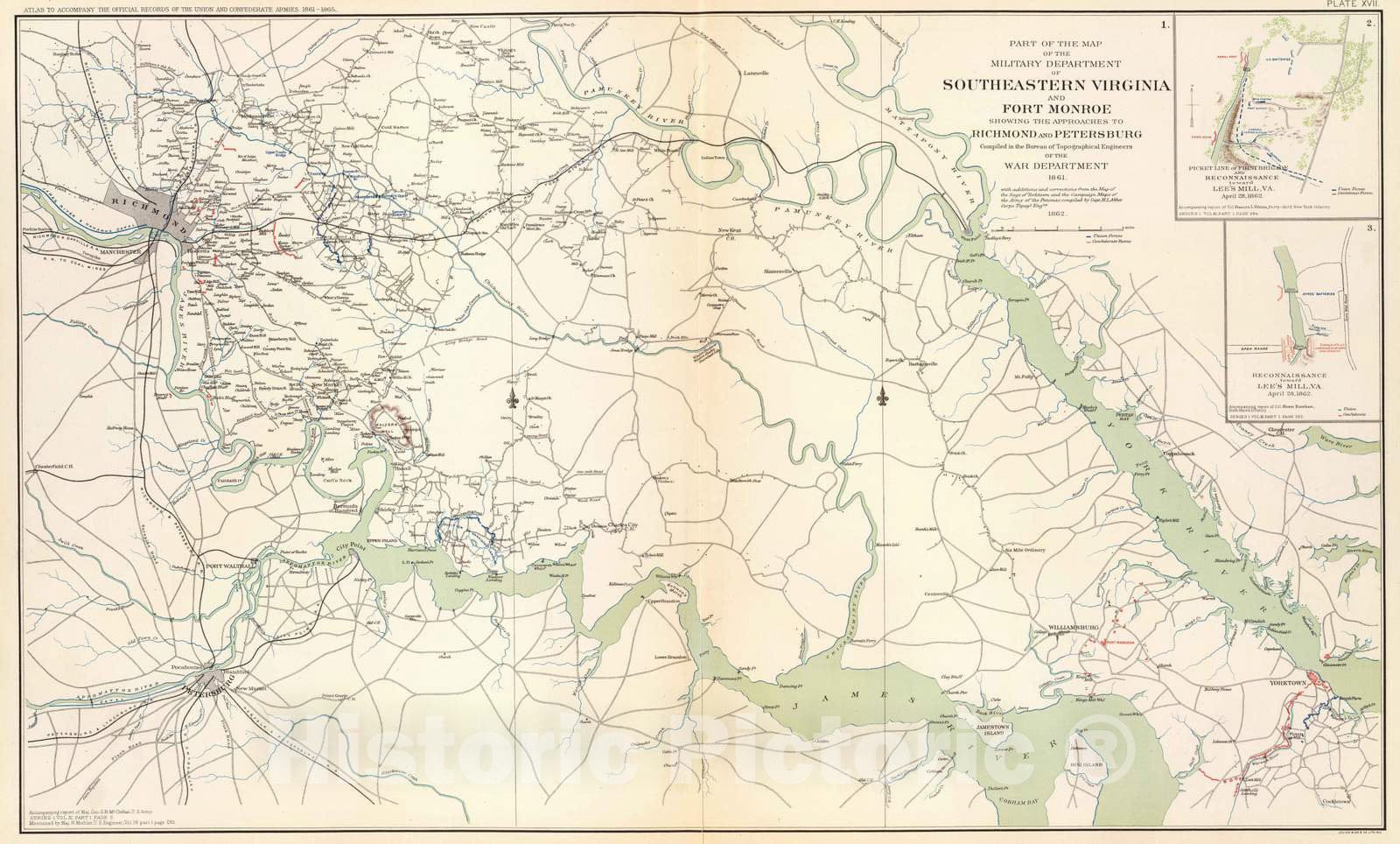 Historic Map : Military Atlas - 1895 SE Virginia, Ft. Monroe, approaches to Richmond, Petersburg. - Vintage Wall Art