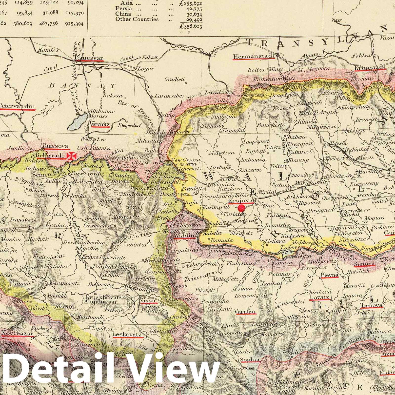 Southeastern Europe: Romania, Turkey, Serbia - Railroad Map, 1883