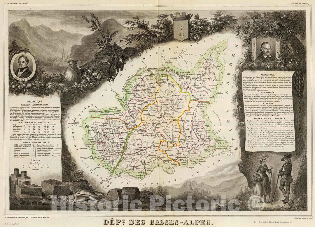 Historic Map : France, 1856 Dept. De Basse-Alpes. , Vintage Wall Art