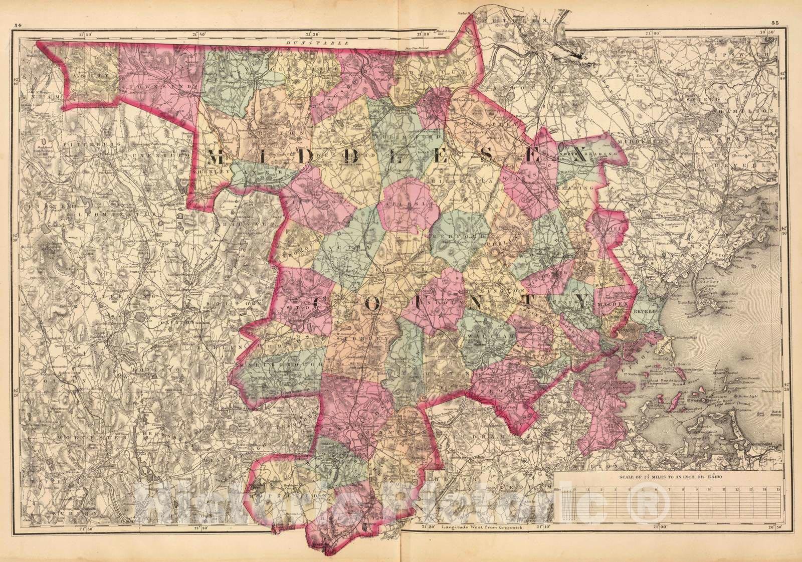 Middlesex County - Railroad Map, 1871 - Historical Map Print