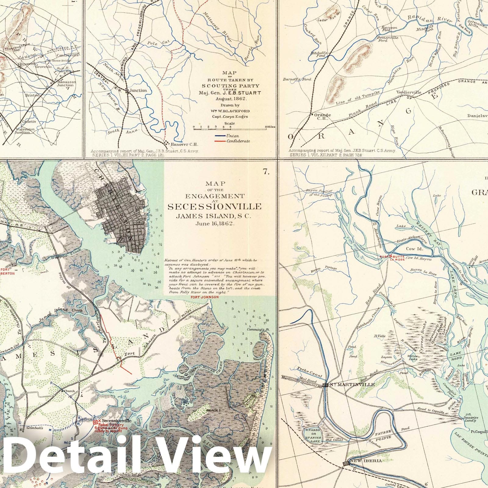 Civil War: Secessionville, Grand Lake Region, Groveton - Historical Military Map Print, 1895
