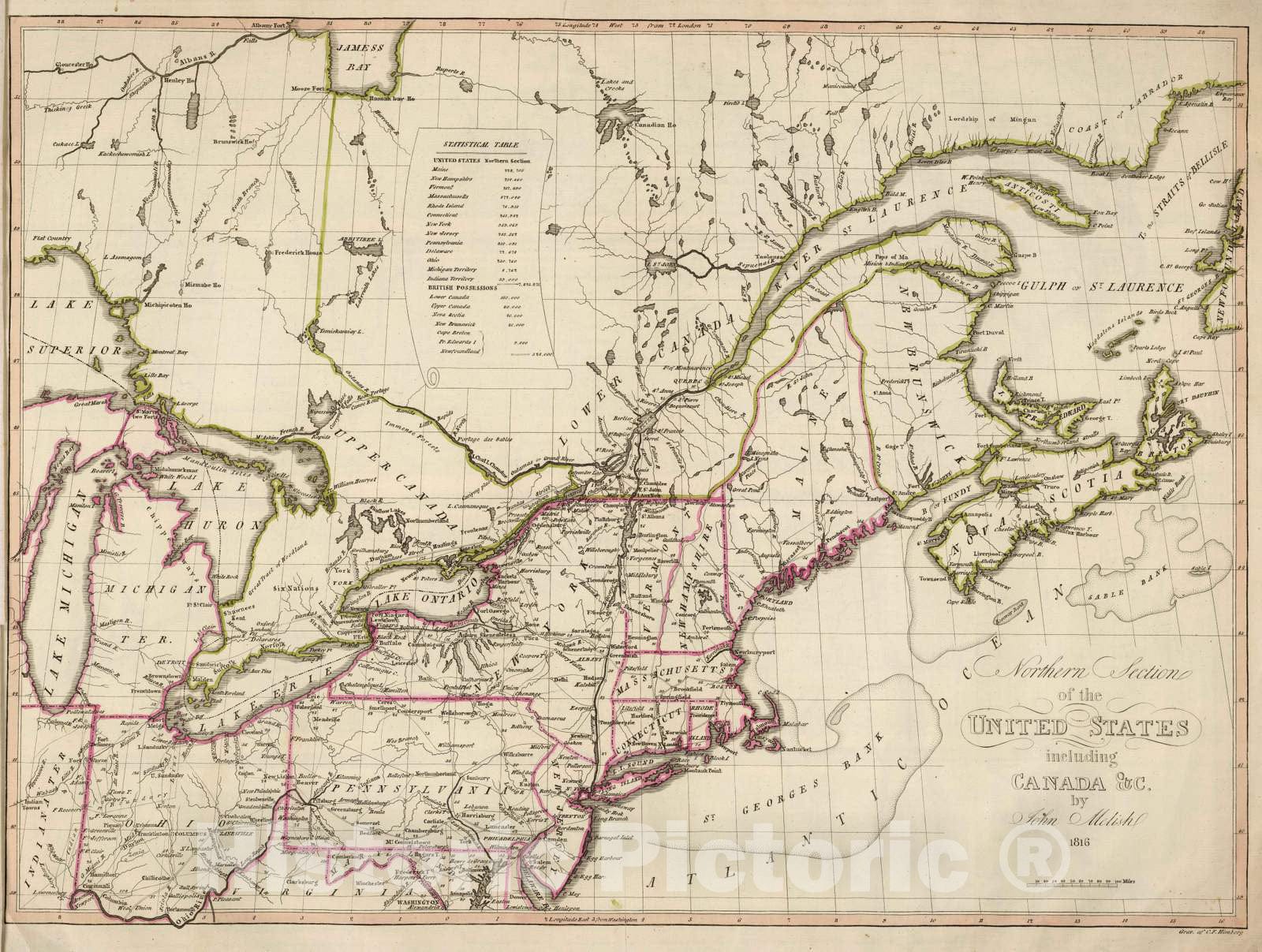 Historic Map : National Atlas - 1816 N. Section U.S. - Vintage Wall Art