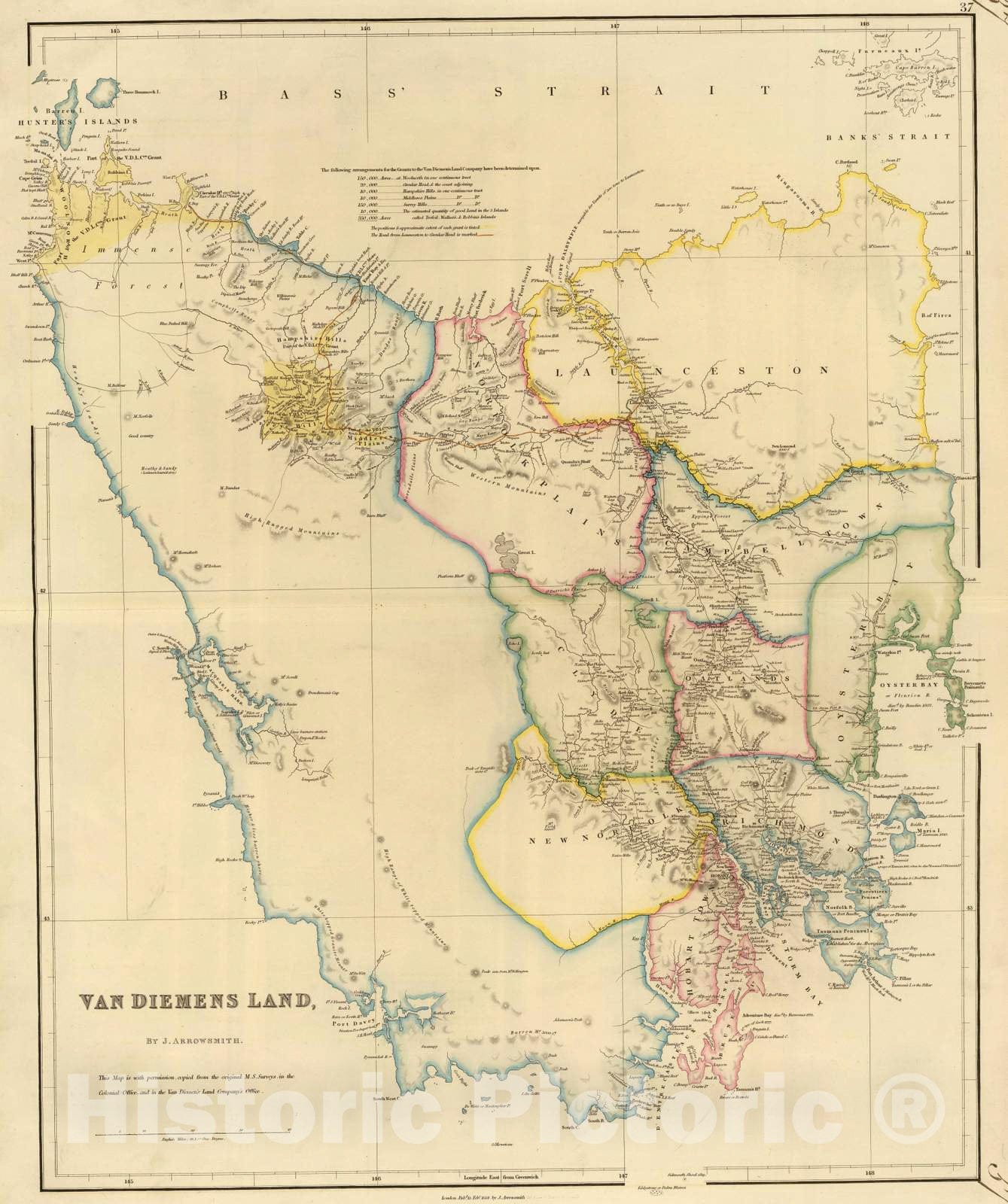 Historic Map : Australia, Tasmania 1834 Van Diemens Land. , Vintage Wall Art