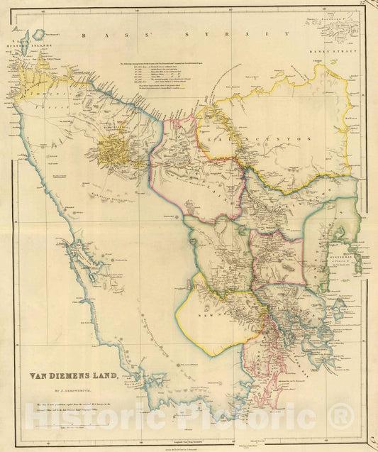 Historic Map : Australia, Tasmania 1834 Van Diemens Land. , Vintage Wall Art