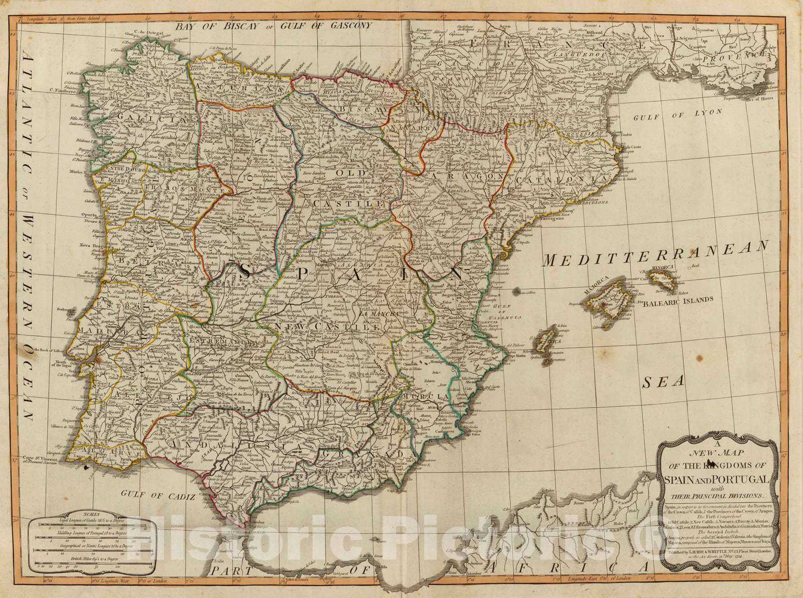 Historic Map : 1794 Spain, Portugal. - Vintage Wall Art