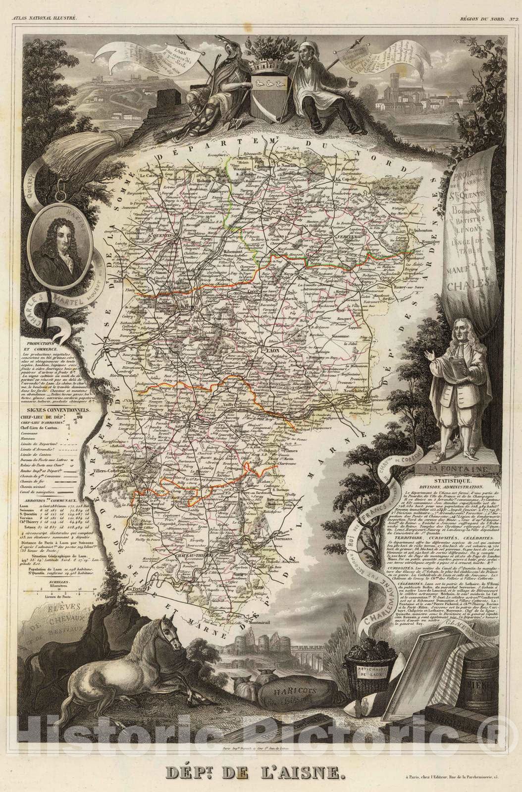 Historic Map : France, 1856 Dept. De L'Aisne. , Vintage Wall Art