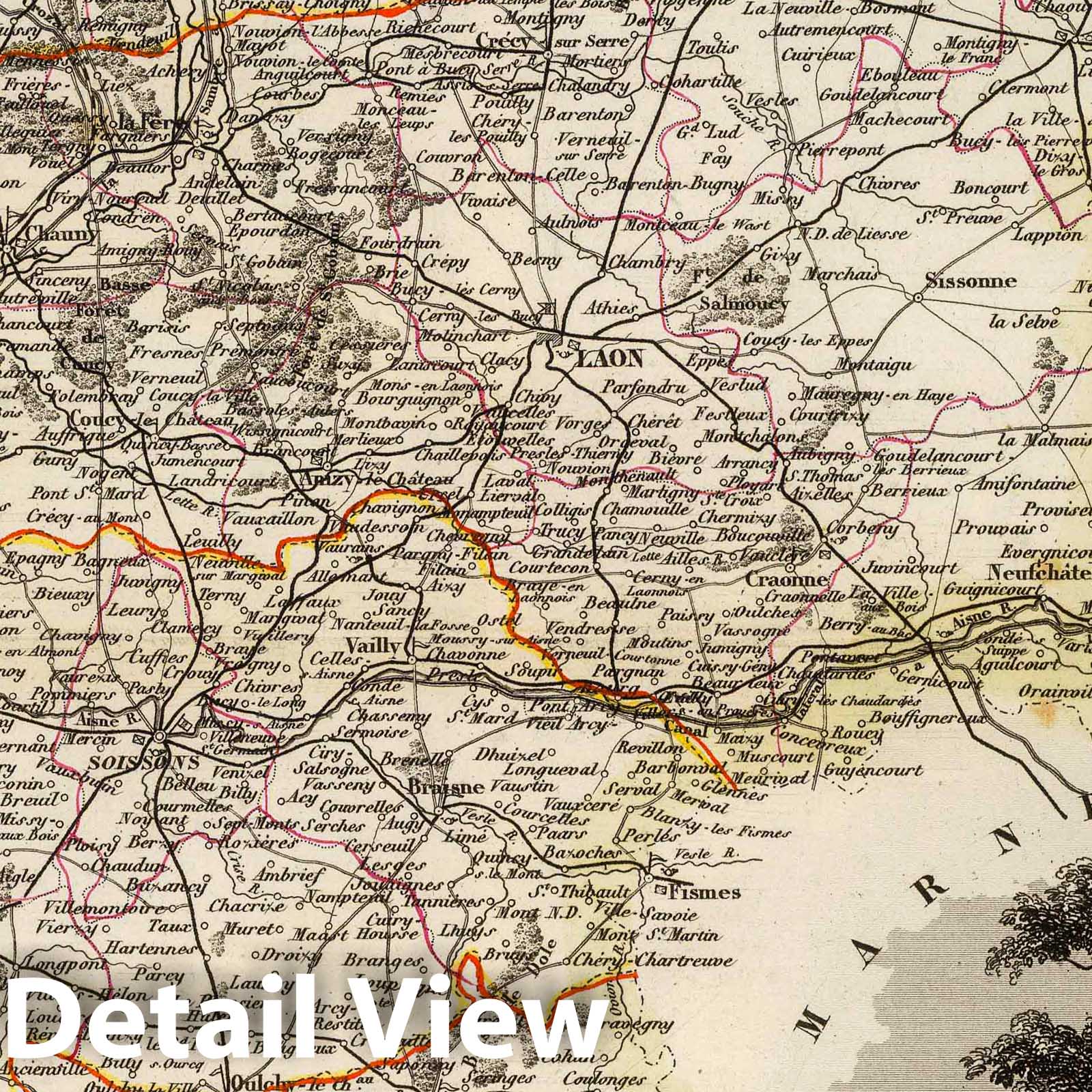 Aisne Department, France - Road Map, 1856 - Historical Map Print
