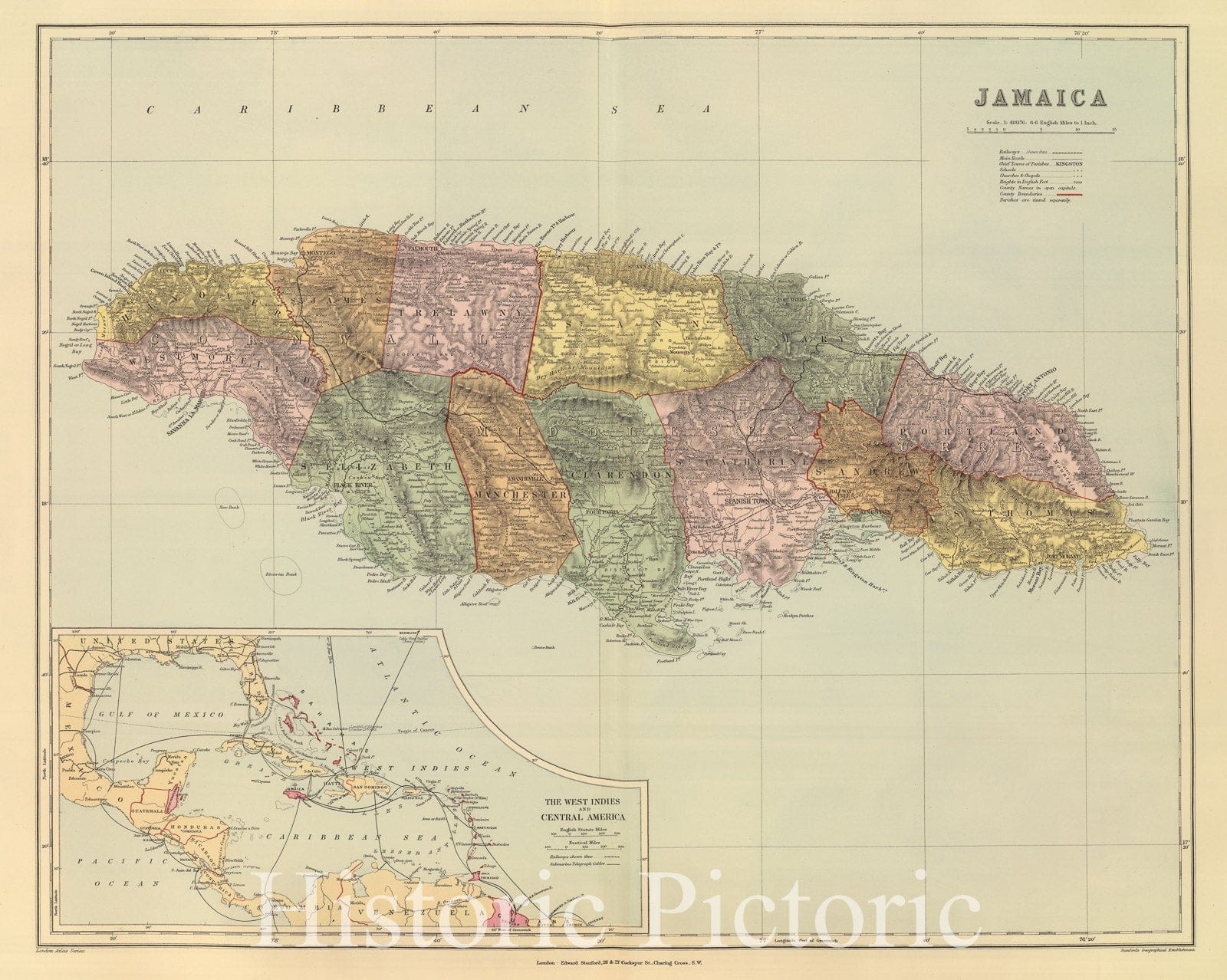 Jamaica - Railroad Map, 1901 - Stanford's London Atlas Historical Map Print