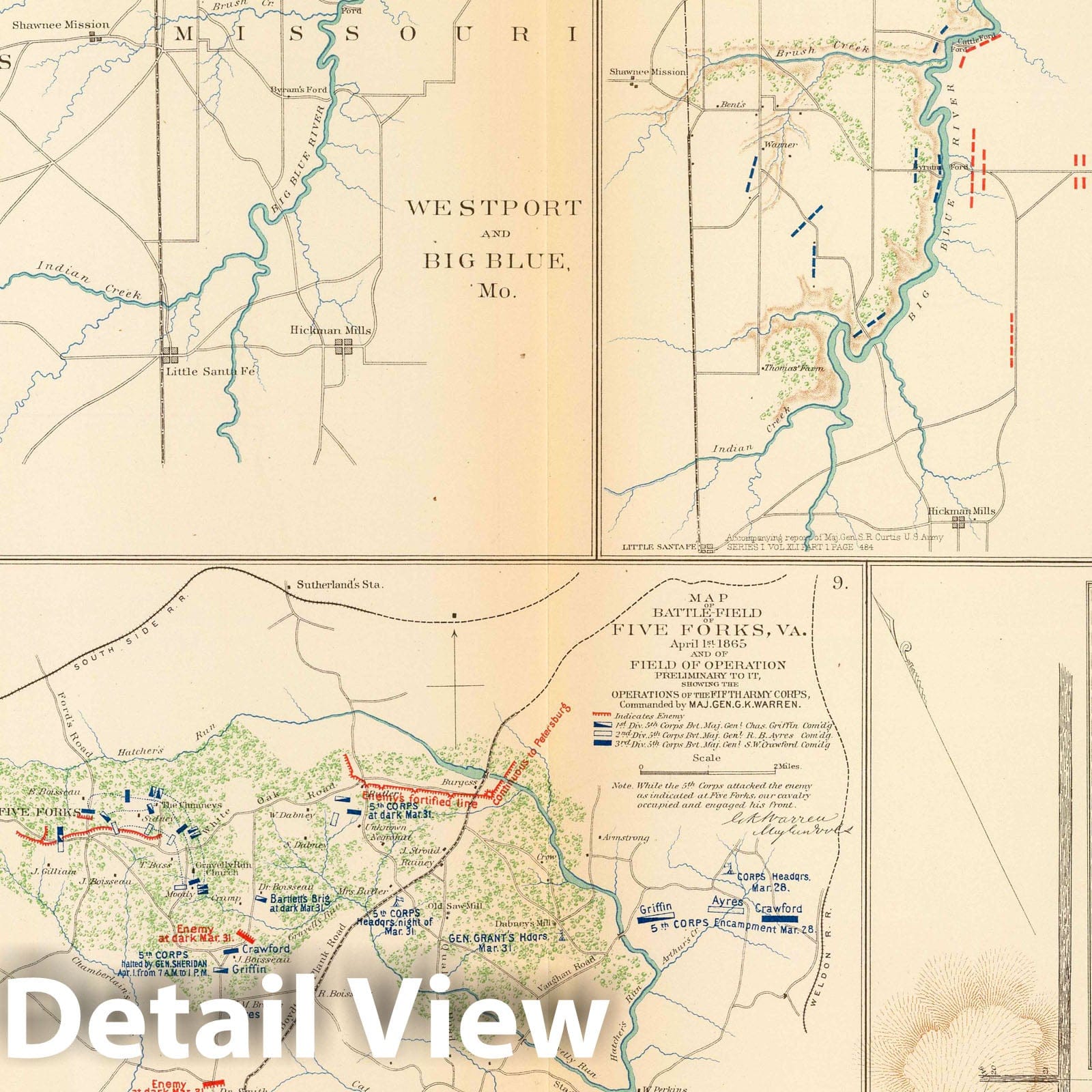 Civil War: Sterling Price Campaign, Westport, Five Forks - Military Map, 1895