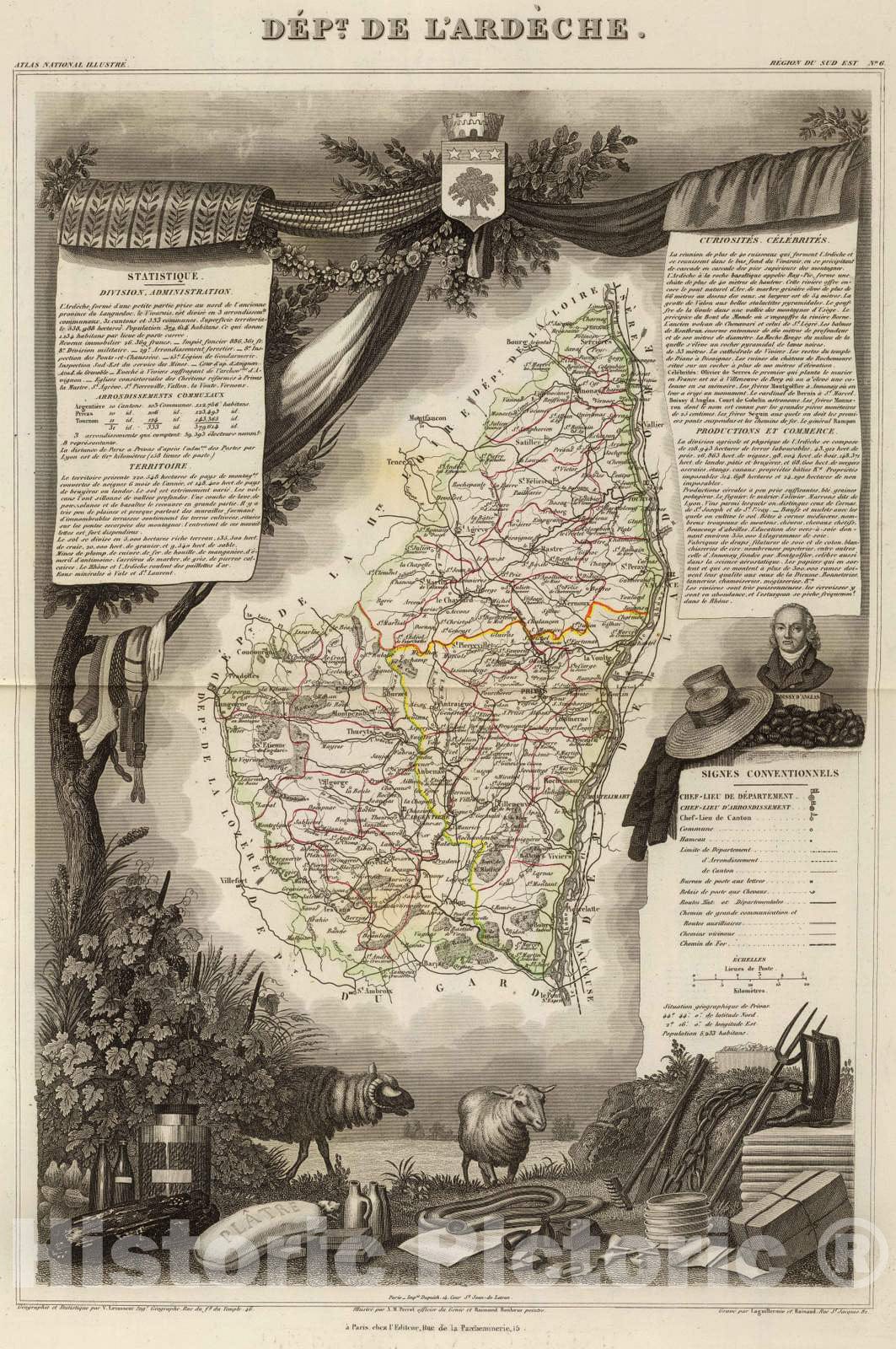 Historic Map : France, 1856 Dept. De L'Ardeche. , Vintage Wall Art