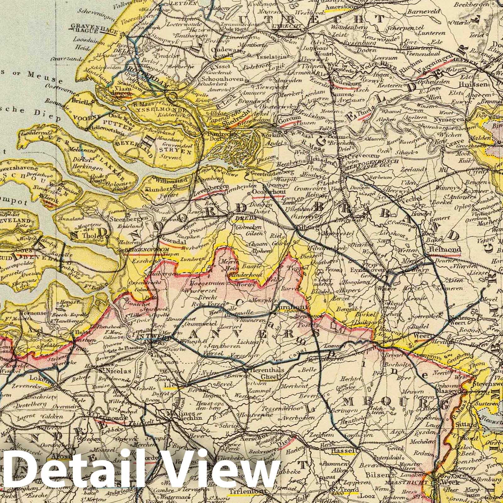 Belgium and the Netherlands - Railroad Map, 1883 - Historical Map Print