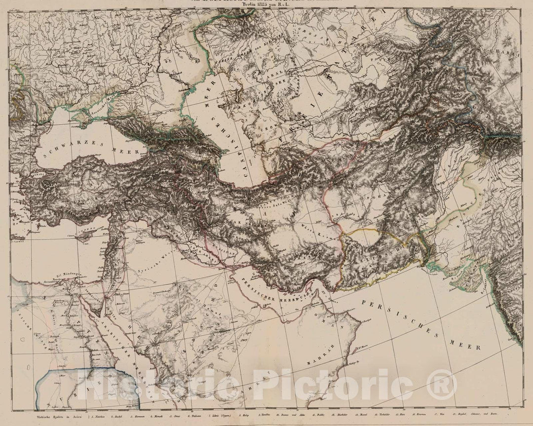 Historic Map : Saudi Arabia; Iraq; Iran; Afghanistan, Middle East 1825 Vom Bosphorus bis zu den Gangesquellen. Berlin 1925. von R.v.L. , Vintage Wall Art