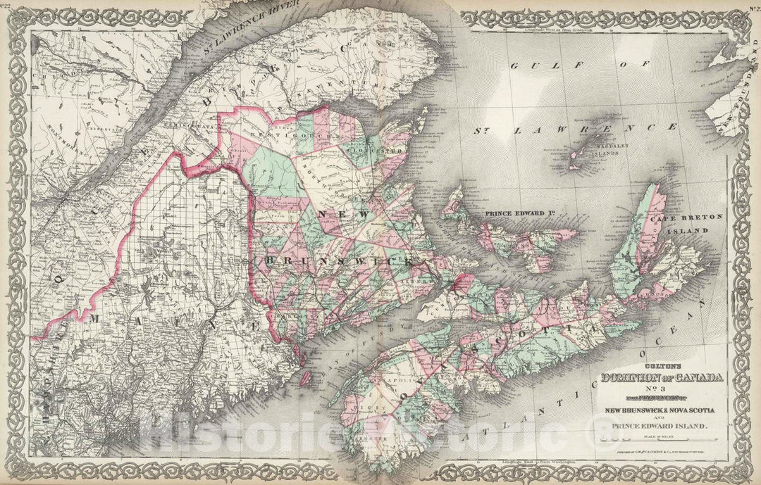 Historic Map : 1874 Canada. New Brunswick, Nova Scotia and Prince Edward Island. - Vintage Wall Art