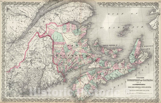 Historic Map : 1874 Canada. New Brunswick, Nova Scotia and Prince Edward Island. - Vintage Wall Art