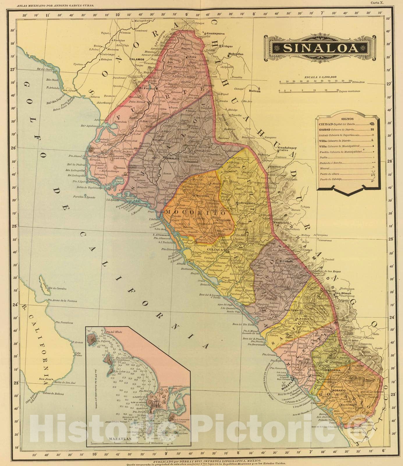 Sinaloa and Mazatlan, Mexico 1886 Historical Map Print