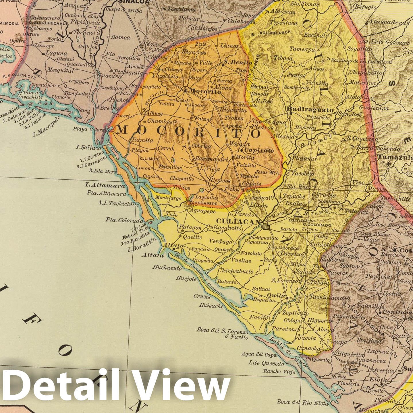 Sinaloa and Mazatlan, Mexico 1886 Historical Map Print