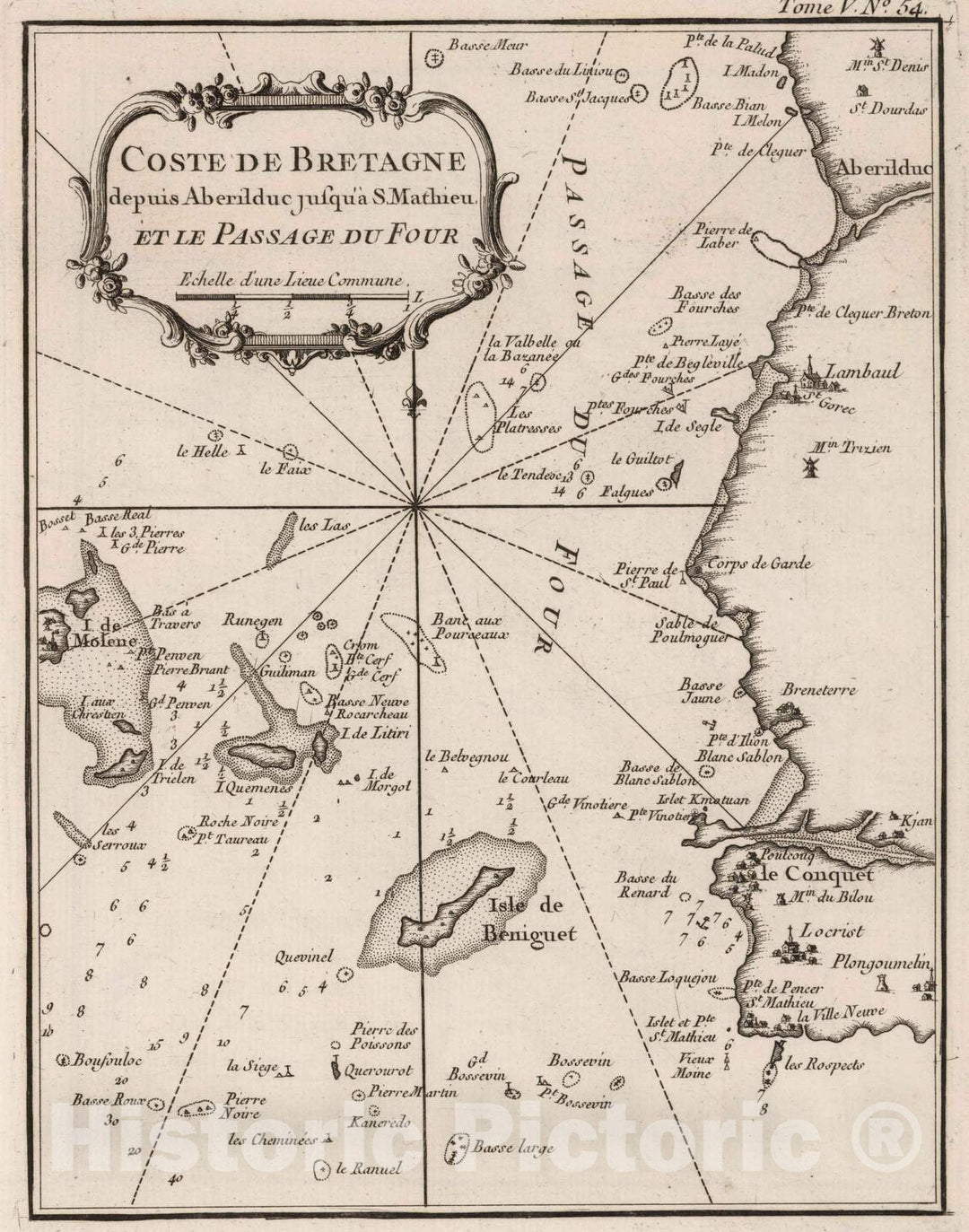 Historic Map : France, Bretagne , France 1764 Coste de Bretagne Depuis Aberilduc jusqu'a S. Mathieu et le Passage du Four. , Vintage Wall Art