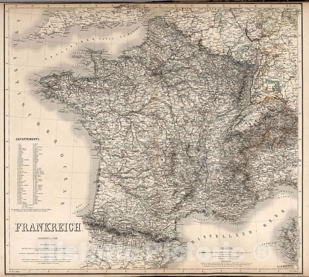 Historic Map : France, Frankreich. Bearbeitet von C. Graf. Terrain gez. v. A. Muller, gest. v. C. Ohmann, 1862, Vintage Wall Art