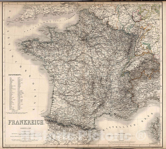 Historic Map : France, Frankreich. Bearbeitet von C. Graf. Terrain gez. v. A. Muller, gest. v. C. Ohmann, 1862, Vintage Wall Art
