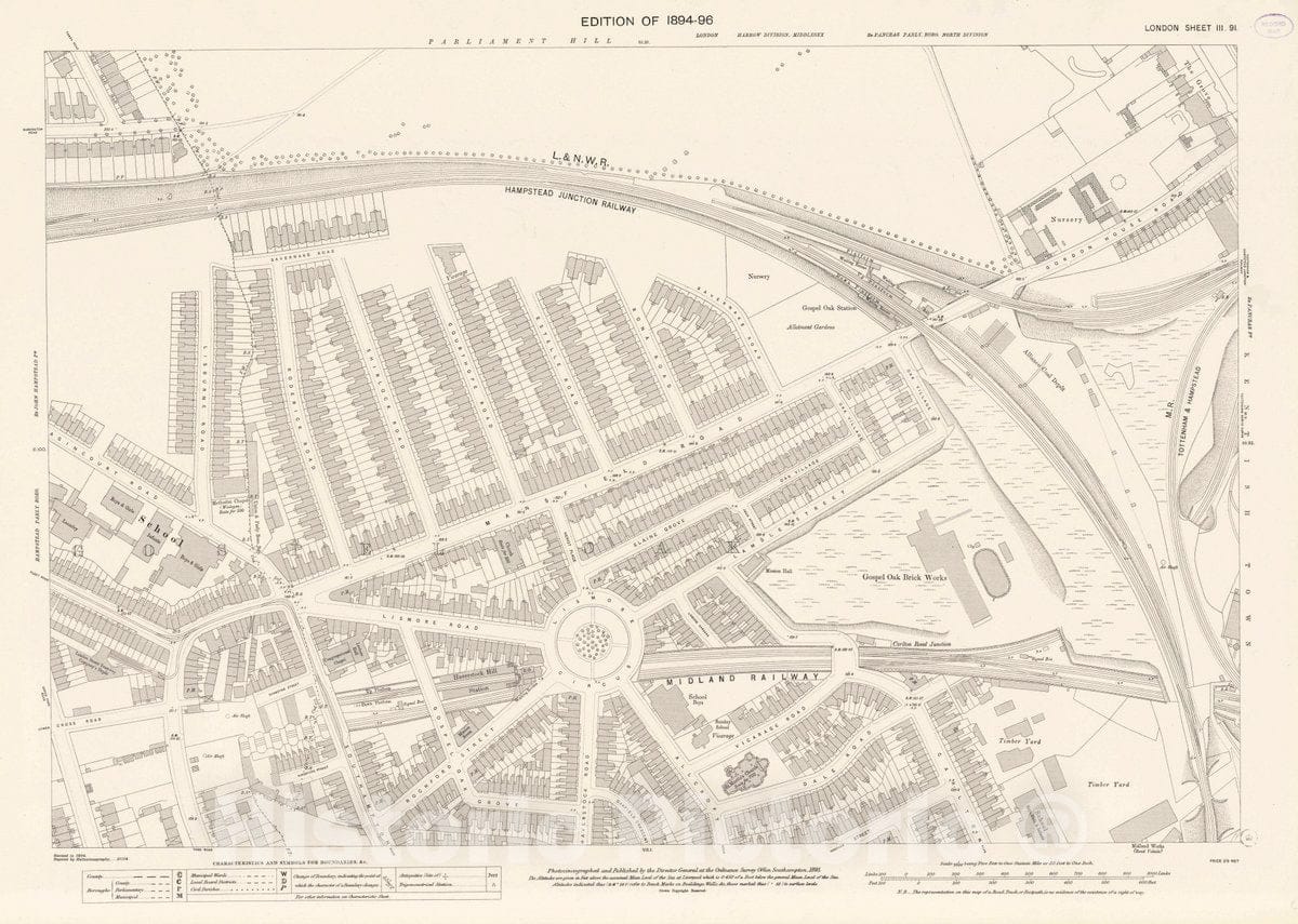 Historic Map : Ordnance Survey Maps, London, Five feet to The Mile. London Sheet III.91, 1895 City Atlas - Vintage Wall Art