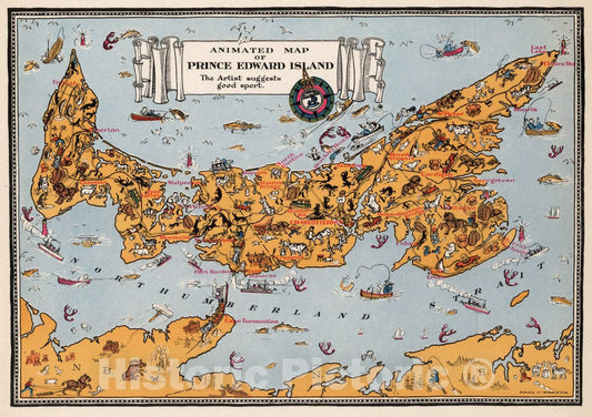 Historic Map : Animated Map of Prince Edward Island. The Artist Suggests Good Sport, 1929 Atlas - Vintage Wall Art