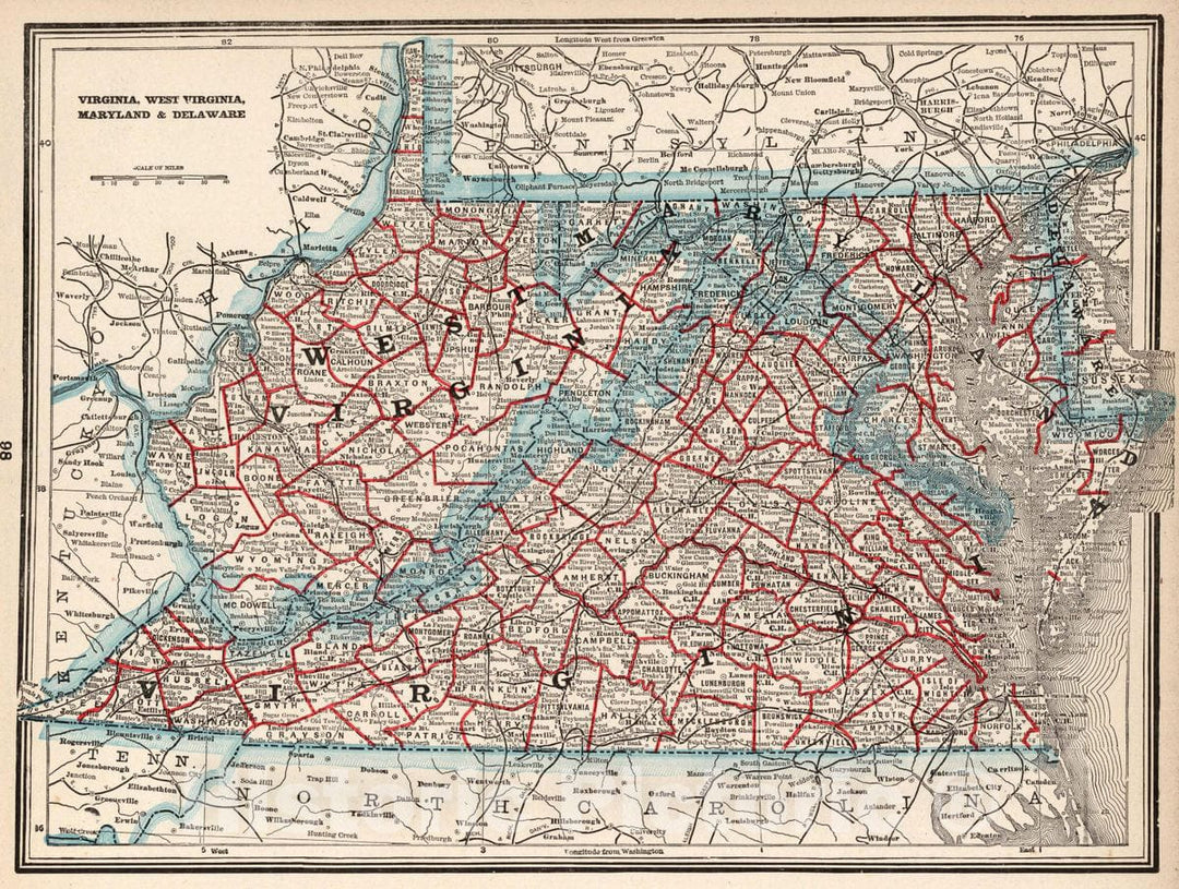 Historic Map : Virginia, West Virginia, Maryland & Delaware, 1893 Atlas - Vintage Wall Art