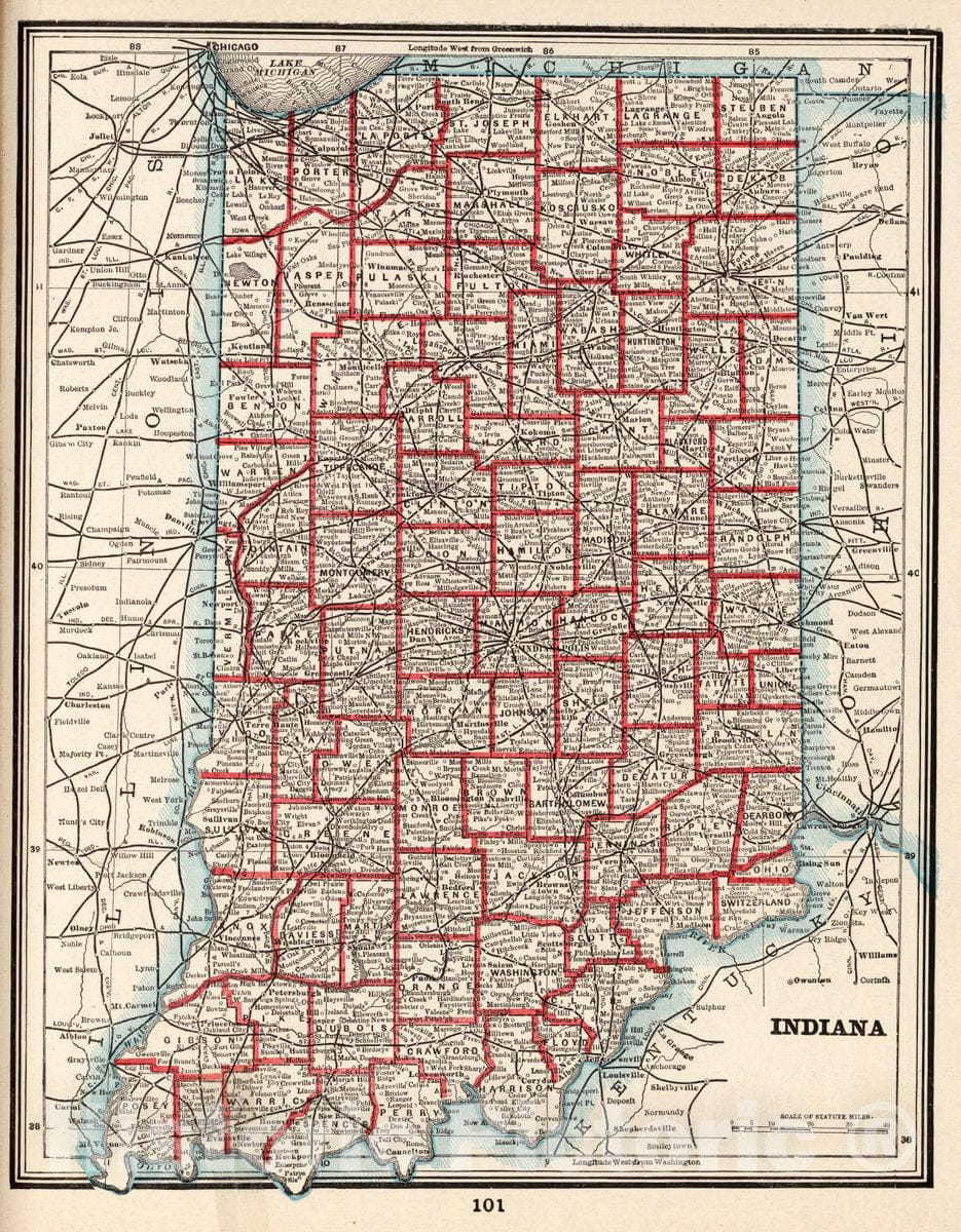 Historic Map : Indiana. (to accompany) The Columbian World's Fair Atlas Published for: Wood Brothers Cash Store Unadilla, New York, 1893 Atlas - Vintage Wall Art
