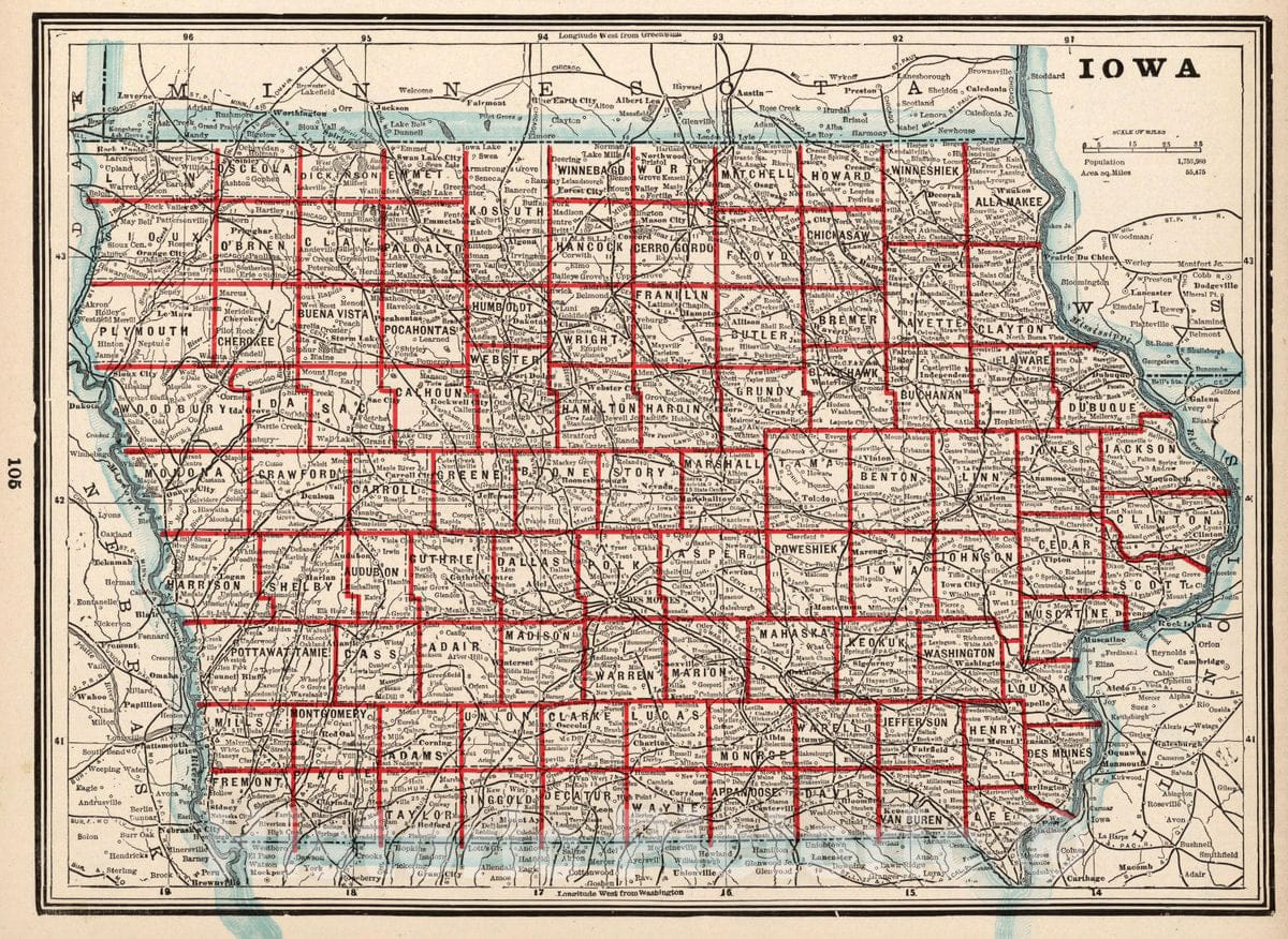 Historic Map : Iowa. (to accompany) The Columbian World's Fair Atlas Published for: Wood Brothers Cash Store Unadilla, New York, 1893 Atlas - Vintage Wall Art