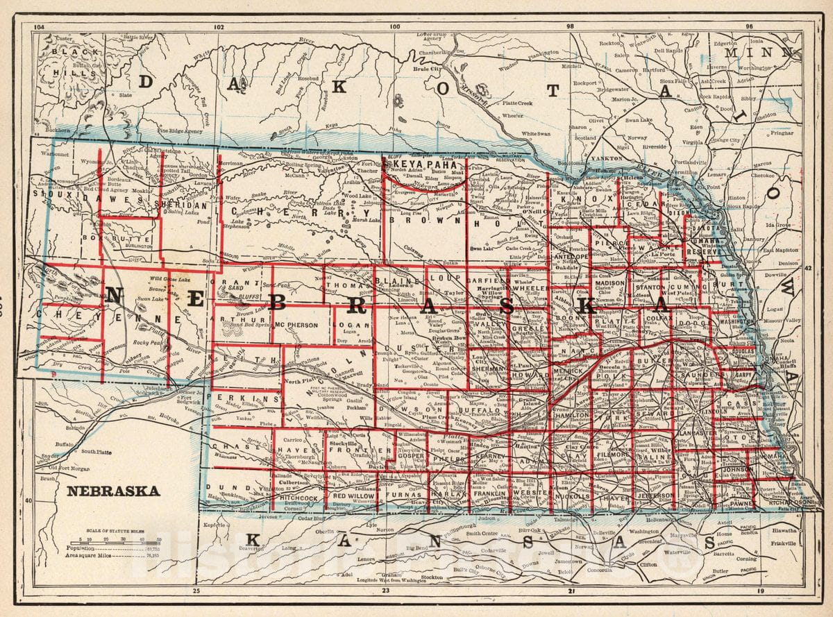 Historic Wall Map : Nebraska. (to accompany) The Columbian World's Fair Atlas Published for: Wood Brothers Cash Store Unadilla, New York, 1893 Atlas - Vintage Wall Art