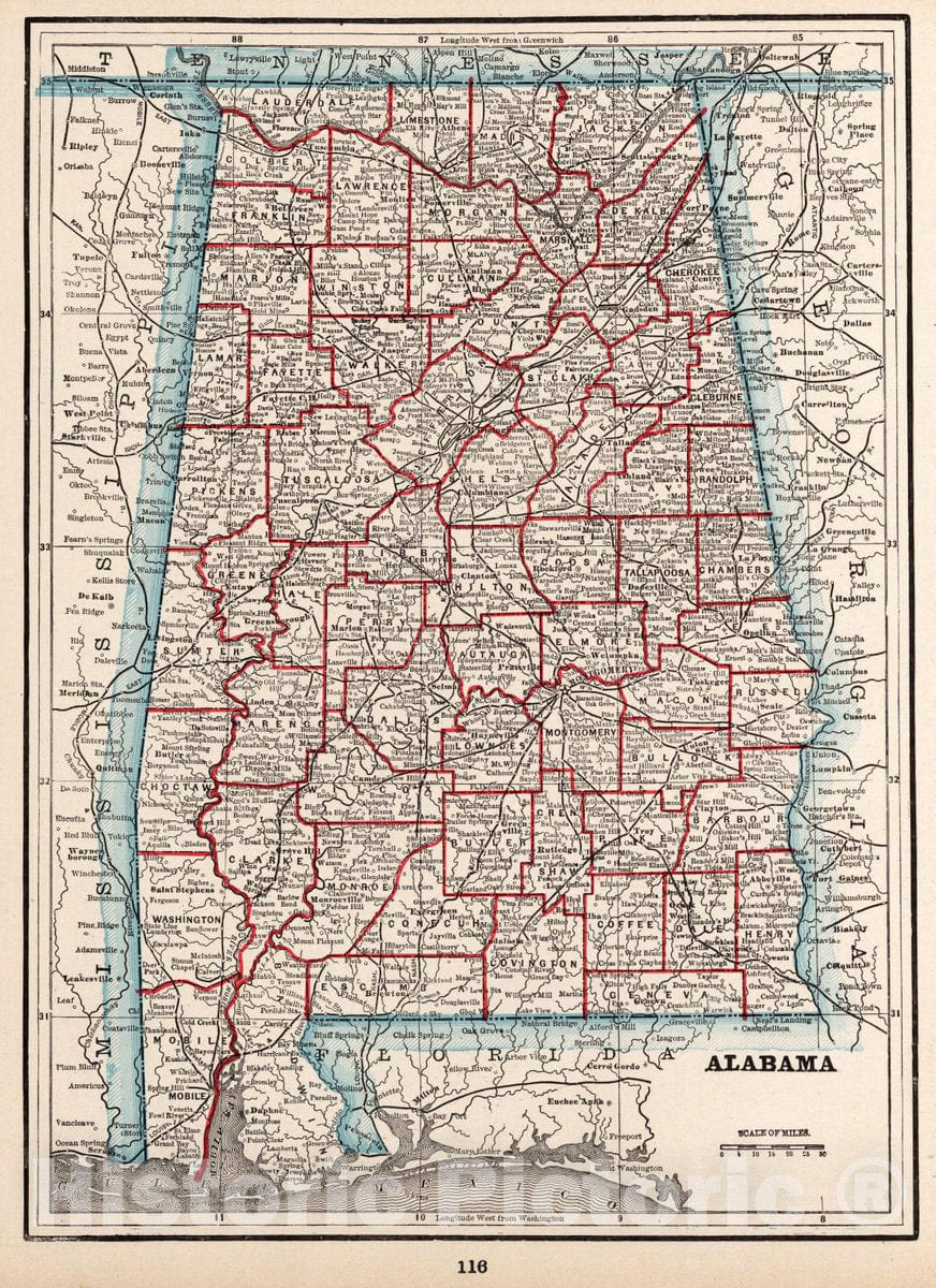 Historic Map : Alabama. (to accompany) The Columbian World's Fair Atlas Published for: Wood Brothers Cash Store Unadilla, New York, 1893 Atlas - Vintage Wall Art