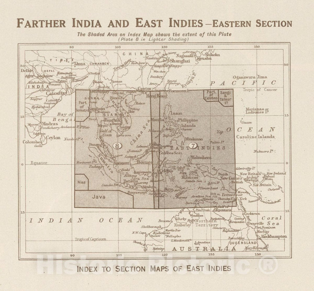Historic Map : Index Map: Farther India and East Indies - Eastern Section, 1923 Atlas - Vintage Wall Art