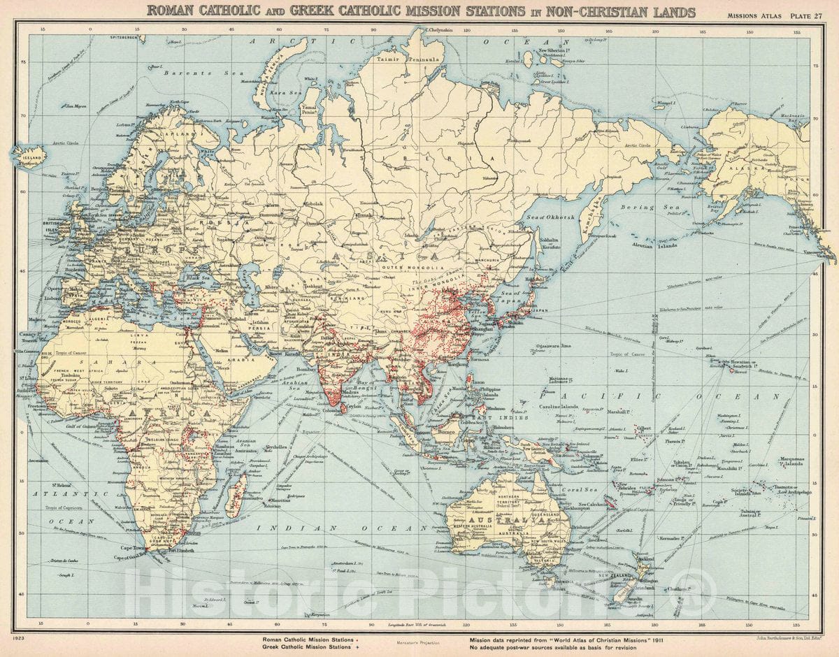 Historic Map : Plate 27. Roman Catholic and Greek Catholic Mission Stations in Non-Christian Lands, 1923 Atlas - Vintage Wall Art