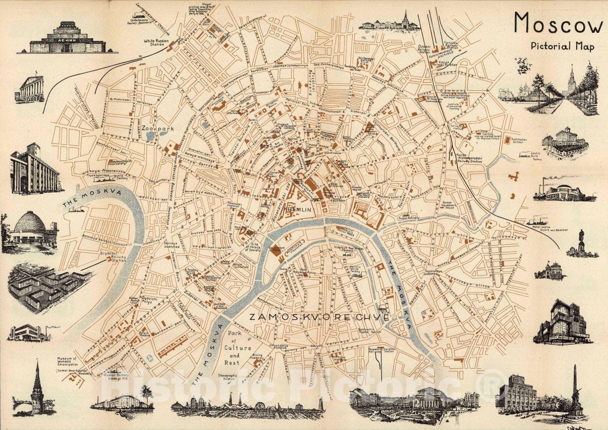 Moscow, Russia - Pictorial Map, 1935 - Historical Map Print