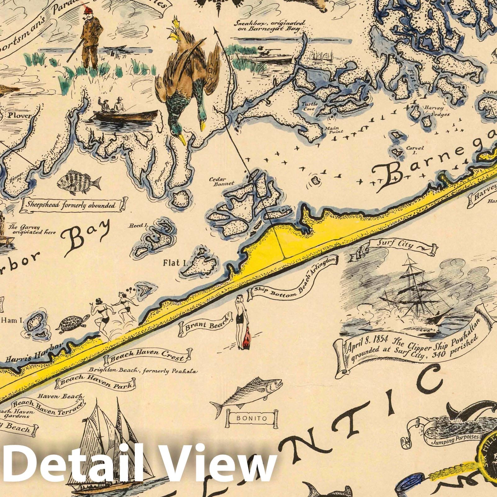 Long Beach Island, New Jersey - Pictorial Map, 1940 - Historical Map Print