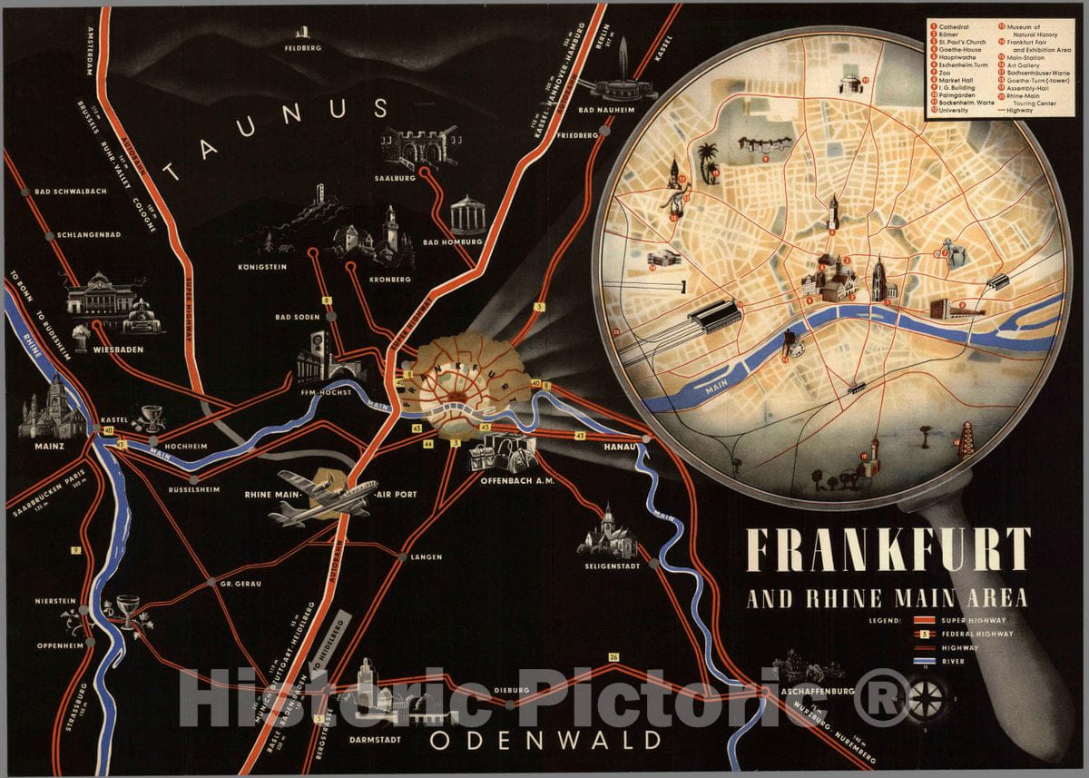 Historic Map : Frankfurt and Rhine Main Area, 1960 Vintage Wall Art