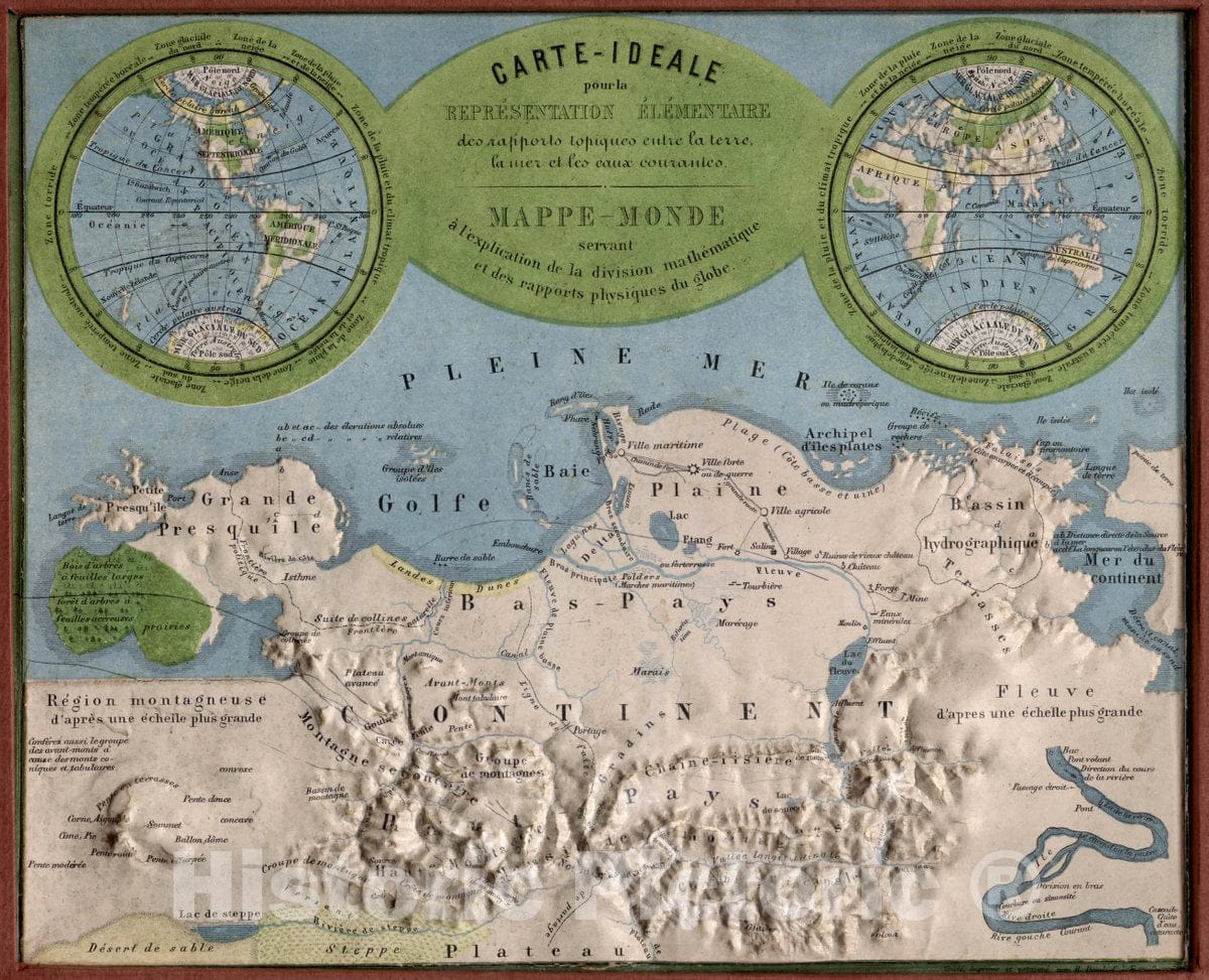 Historical Map : Carte ideale pour la representation elementaire des rapports topiques entre la terre la mer et les eaux courantes. Mappe - Monde : servant a l'explica, 1865Vintage Wall Art