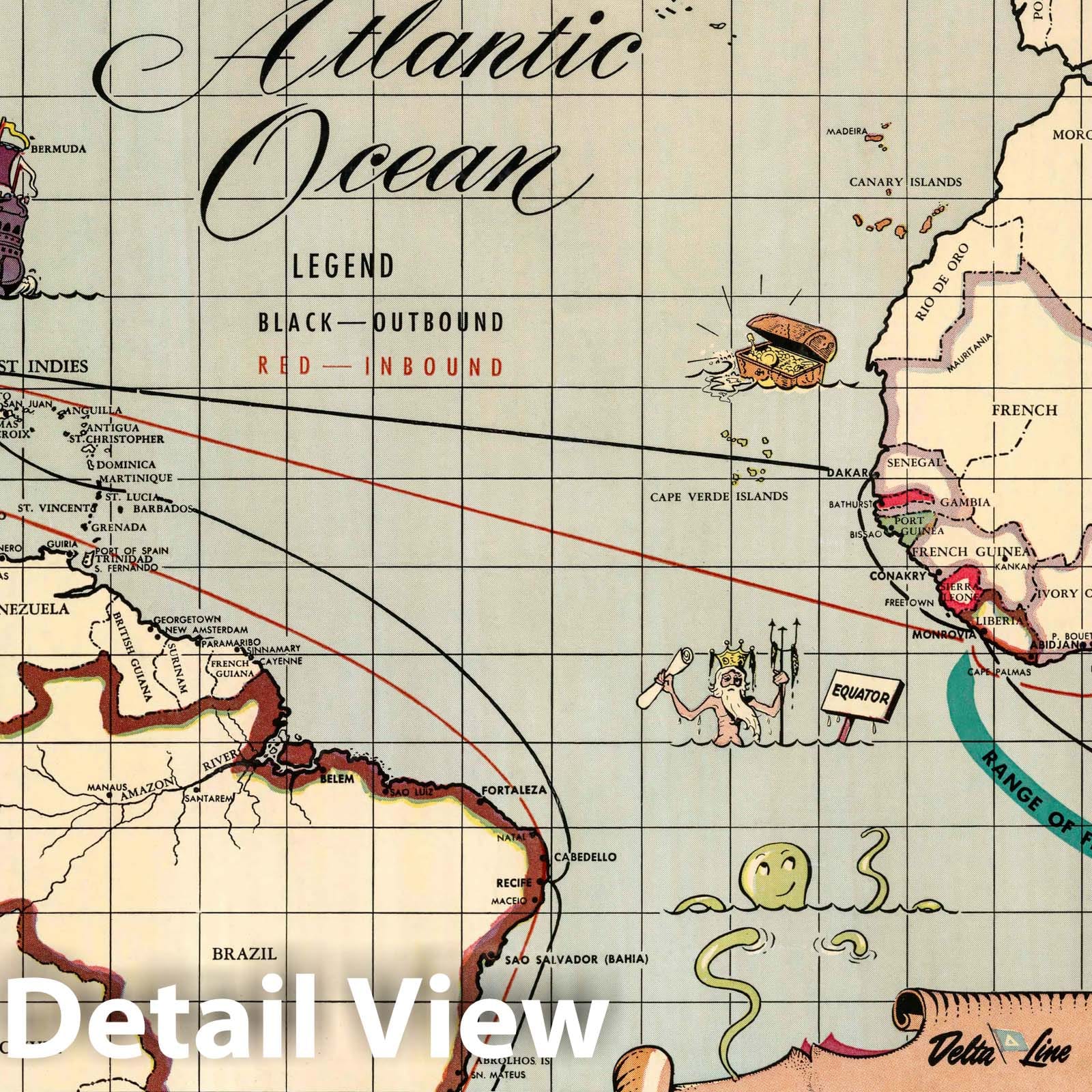Atlantic Ocean - Shipping Routes, 1950 - Historical Nautical Map Print