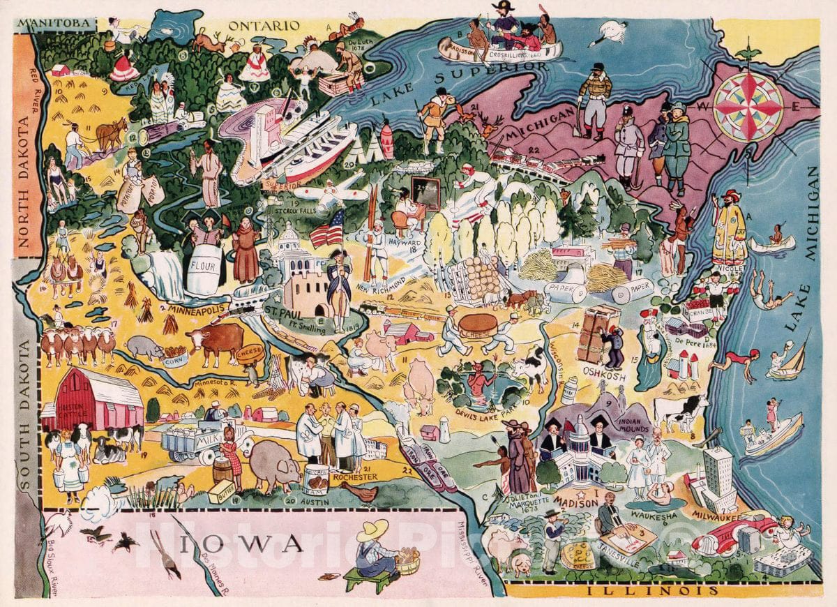 Historic Map : Minnesota. Wisconsin, 1932 Atlas - Vintage Wall Art