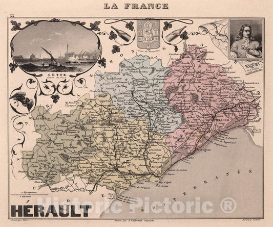 Historic Map : Herault, 1869 Atlas - Vintage Wall Art