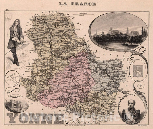 Historic Map : Yonne, 1869 Atlas - Vintage Wall Art