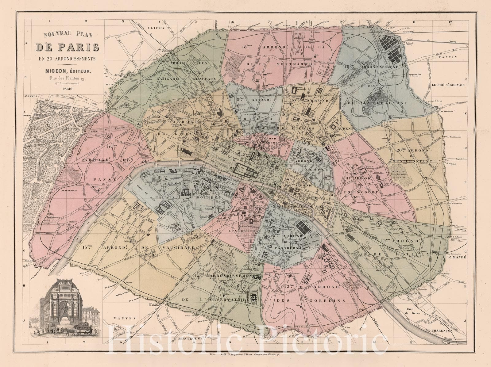 Historic Map : Paris , France, Nouveau Plan de Paris en 20 Arrondissements, 1869 Atlas , Vintage Wall Art