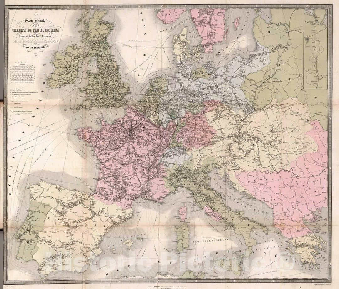 Historic Map : Carte General des Chemins de Fer Europeens Donnand toutes les Stations. Par A.T. Chartier, 1869 Atlas - Vintage Wall Art