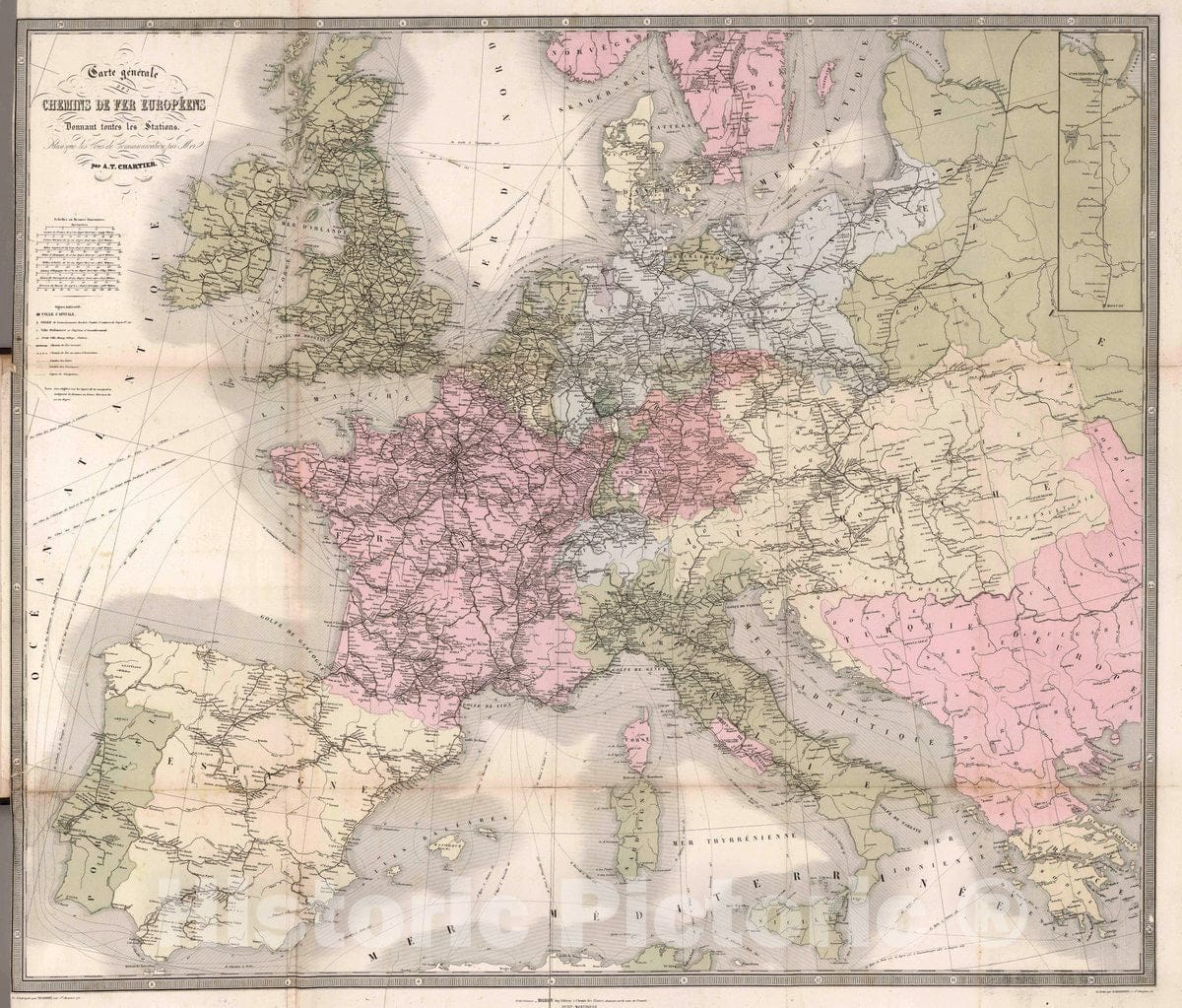 Historic Map : Carte General des Chemins de Fer Europeens Donnand toutes les Stations. Par A.T. Chartier, 1869 Atlas - Vintage Wall Art