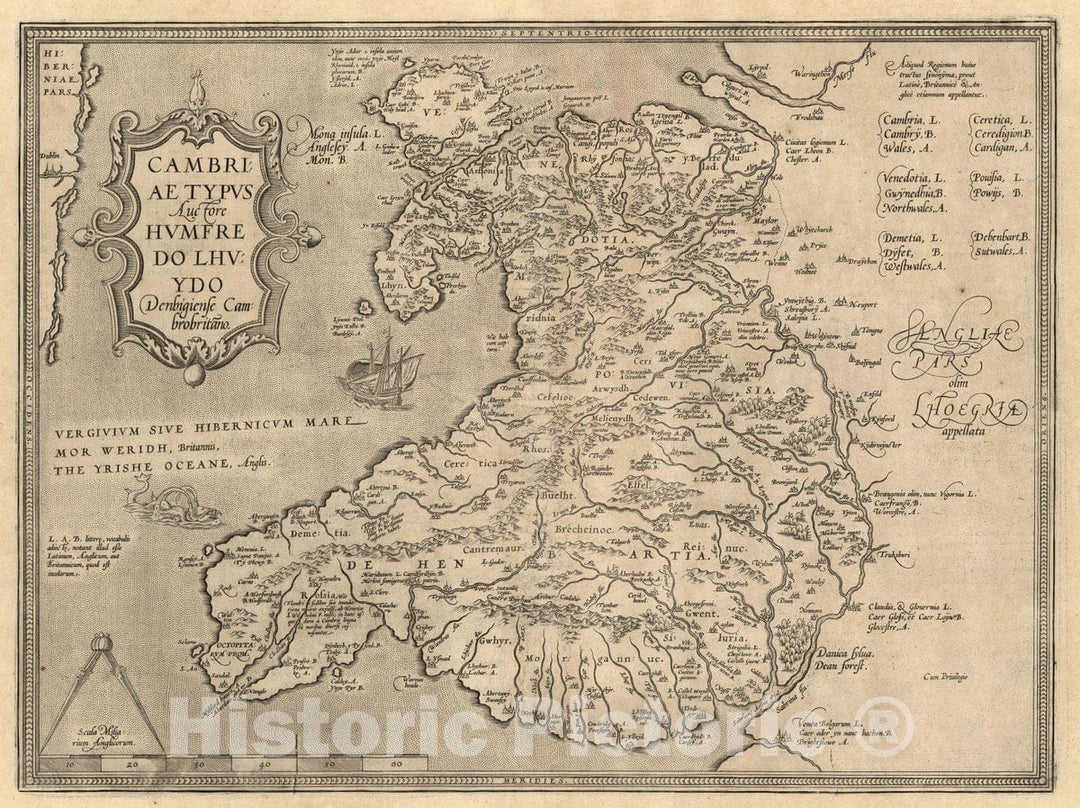 Historic Map : Ireland, Cambriae Typus Auctore Humfredo Lhuydo Denbigiense Cambrobritano. Cum Privilegio, 1608 Atlas , Vintage Wall Art