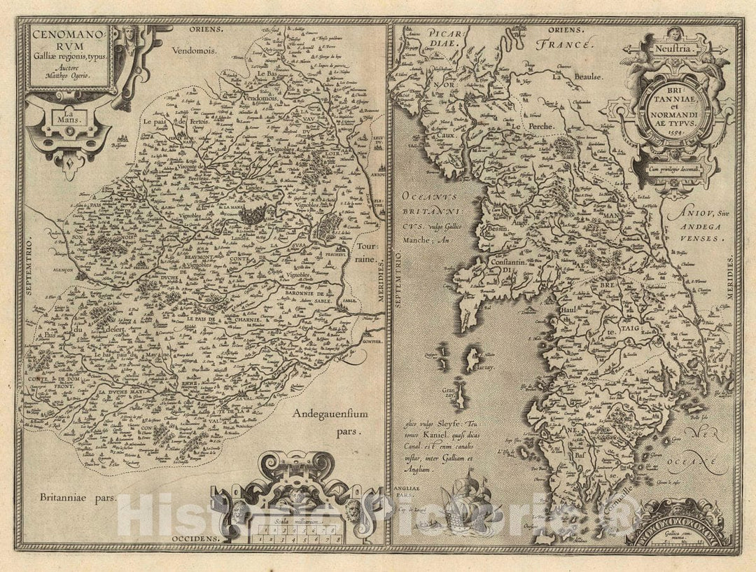 Historic Map : France, Maine-et-Loire Region (25) Cenomanorum (with) Britanniae, 1594 Atlas , Vintage Wall Art