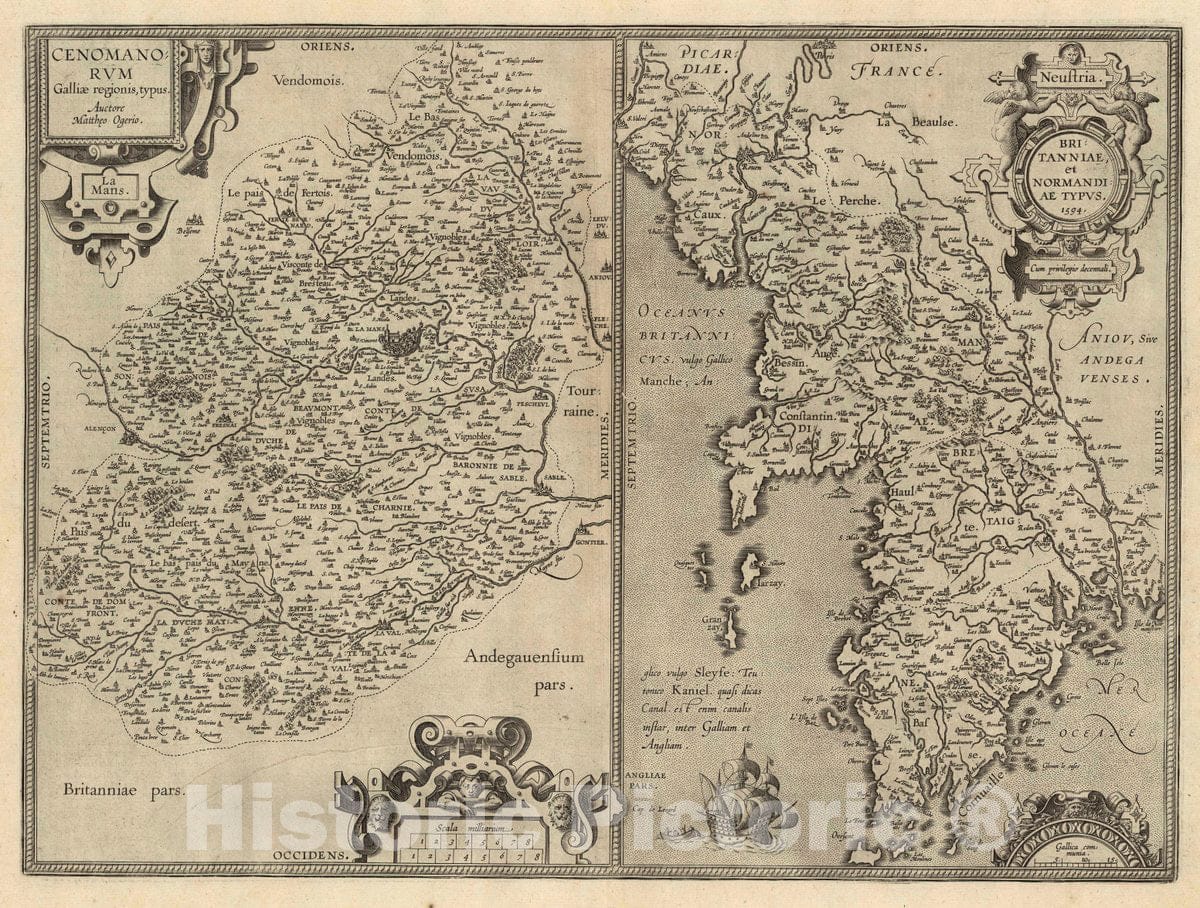 Historic Map : France, Maine-et-Loire Region (25) Cenomanorum (with) Britanniae, 1594 Atlas , Vintage Wall Art