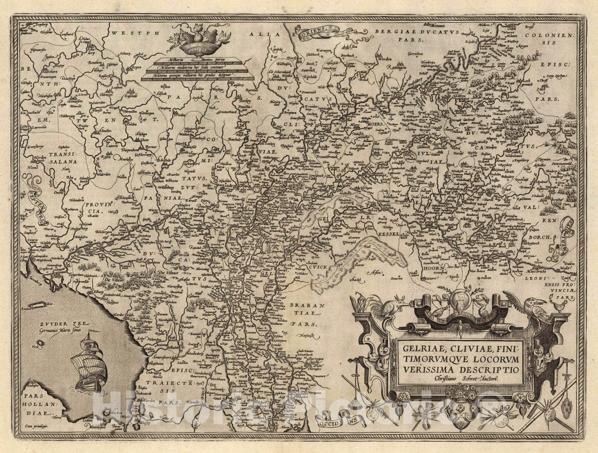 Historic Map : Gelriae, Cliviae, Finitimorumque Locorum Verissima Descriptio Christiano Schrot Auctore. Cum privilegio, 1608 Atlas - Vintage Wall Art
