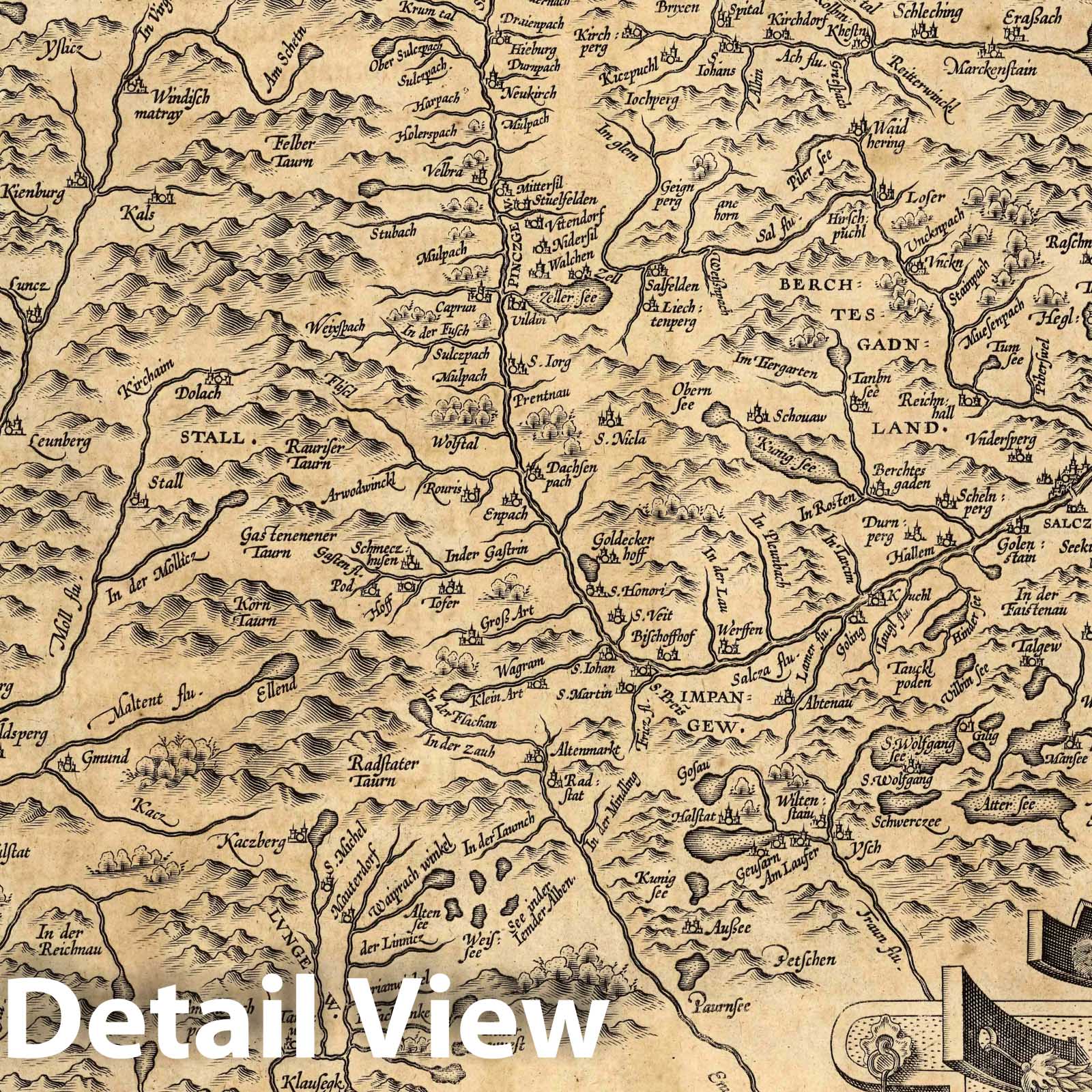 Salzburg and Surrounding Region, Austria, 1608 - Historical Map Print